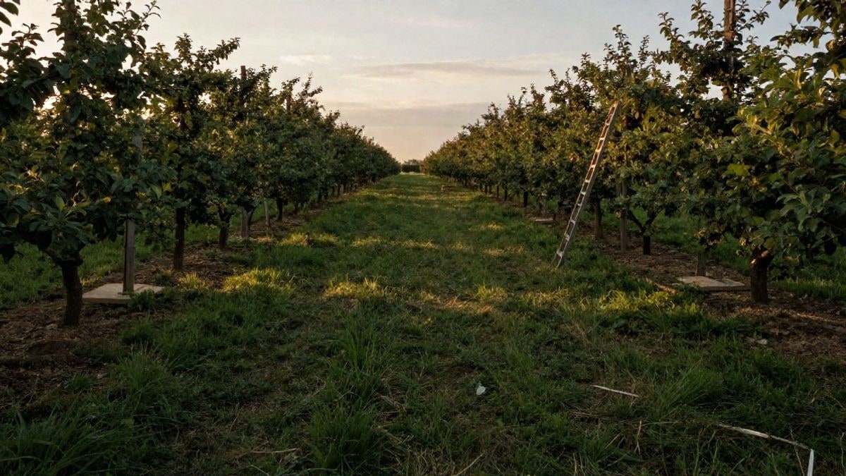 Illustrative image: a solitary apple tree in a meadow at sunset with a wooden ladder leaning against it