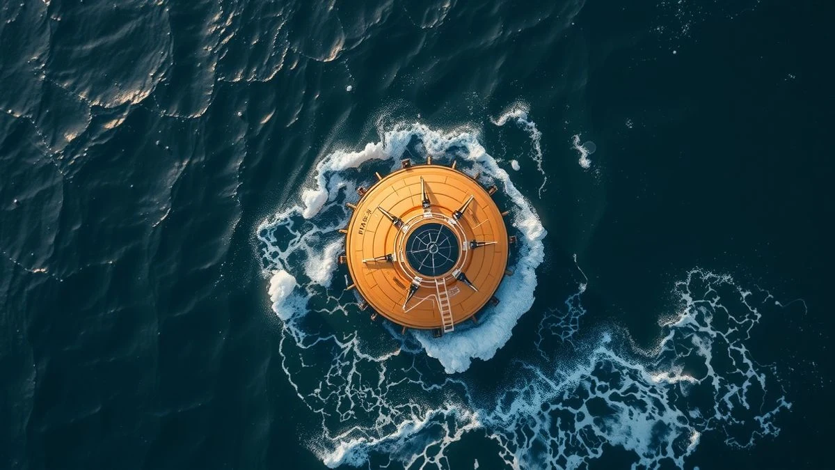 Imagen ilustrativa: vista cenital de una boya convertidora de energía undimotriz en el océano, con olas rompiendo a su alrededor.