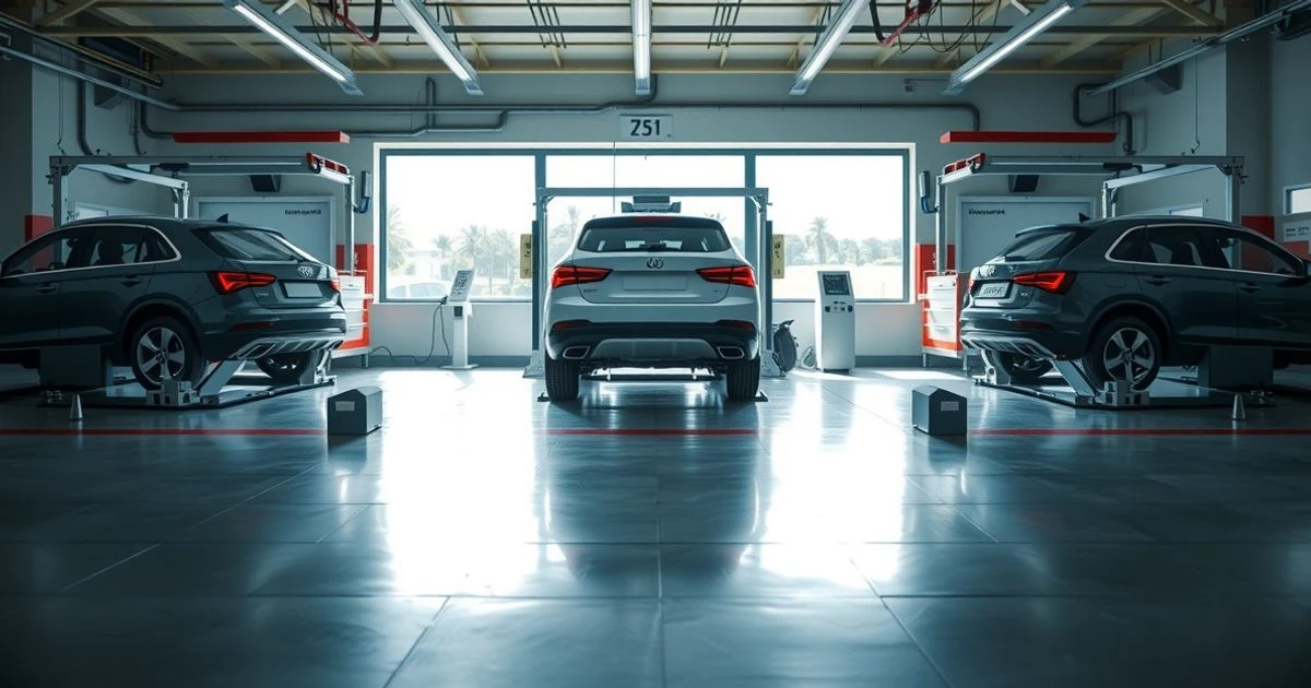 Interior de una estación de ITV moderna con tres líneas de inspección y un coche elevado