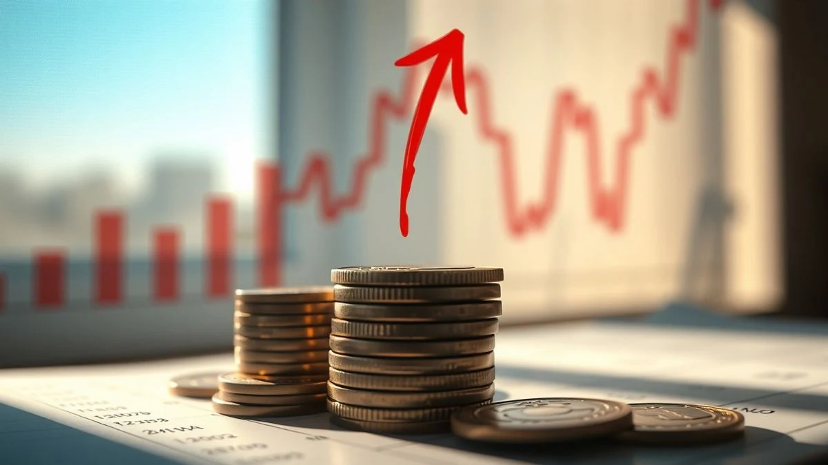 Primer plano de un montón de monedas con una flecha roja hacia abajo sobre un gráfico financiero de fondo