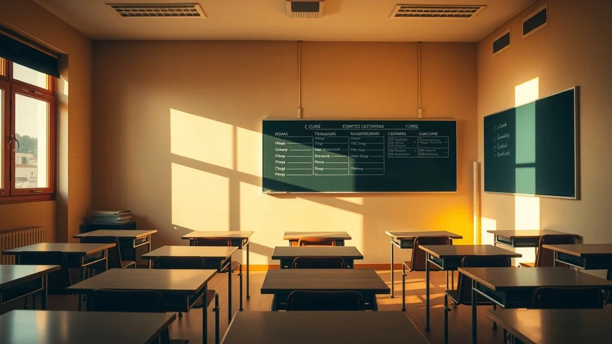 Aula vacía con luz de atardecer y pizarra con horario de cursos