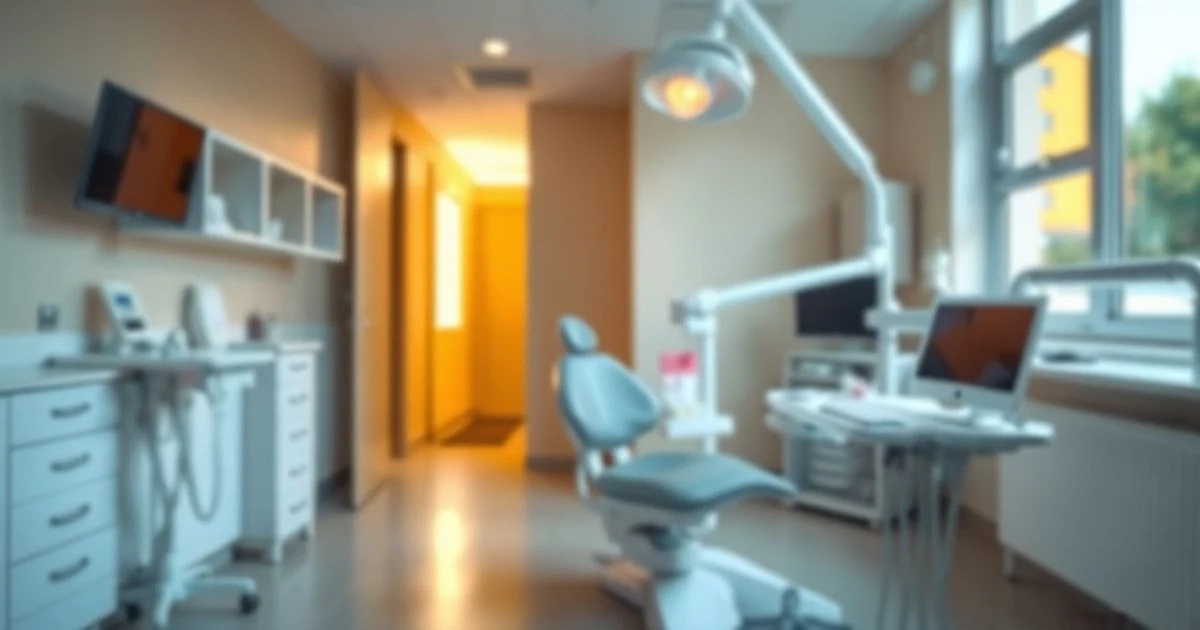 Interior de una clínica dental vacía con un sillón dental y equipo médico