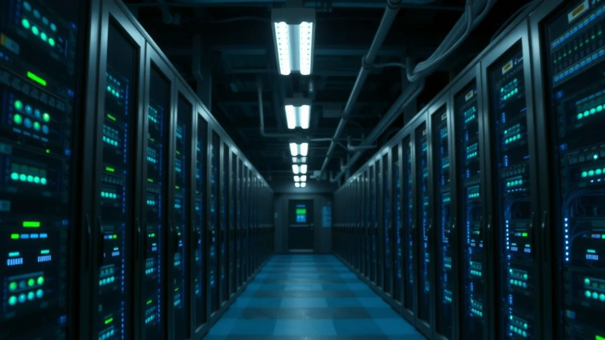 Imagen ilustrativa: interior de un centro de datos de noche con servidores iluminados por luces LED azules y verdes, sin personas.