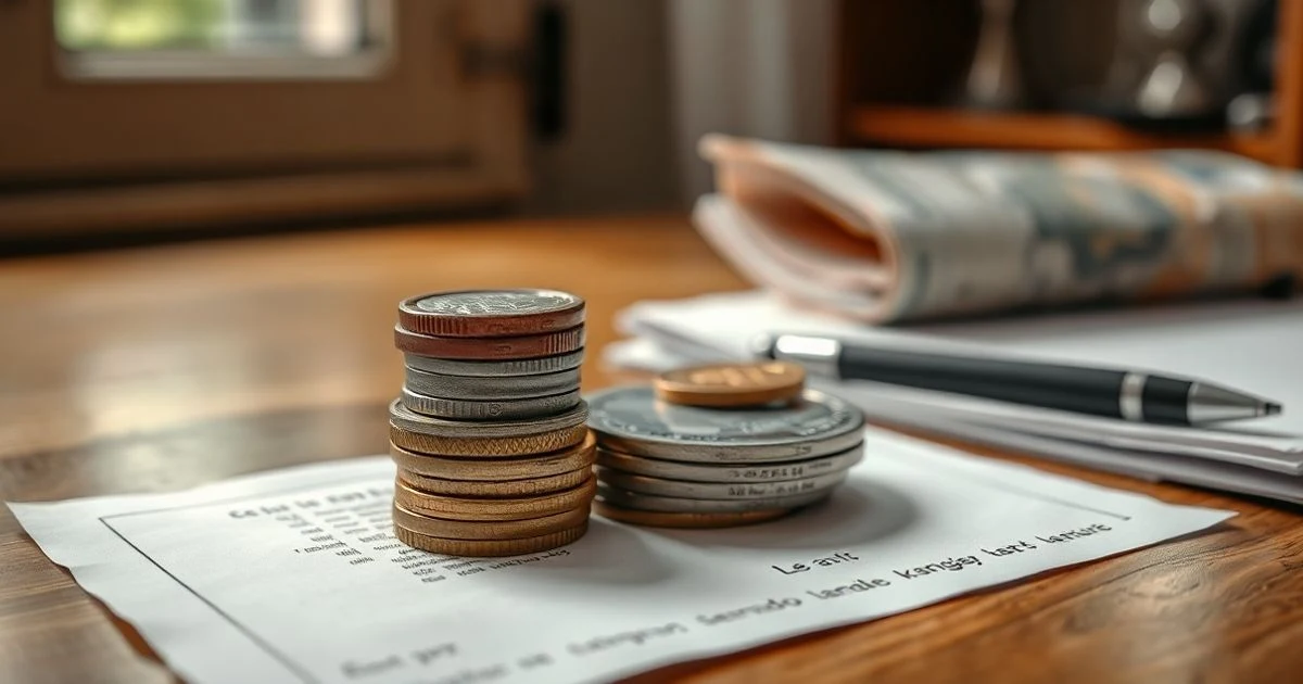 Montón de monedas y billetes de euro sobre una mesa de madera con un documento y un bolígrafo