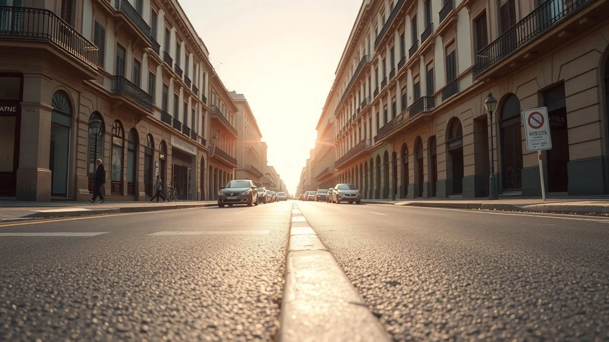 Imagen ilustrativa: calle urbana recién asfaltada con luz de atardecer y sombras largas, sin personas ni vehículos.