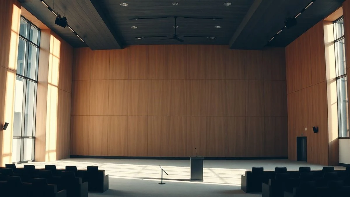 Imagen ilustrativa: una gran sala de conferencias vacía con un atril solitario al fondo, iluminada por luz natural que entra por grandes ventanales.