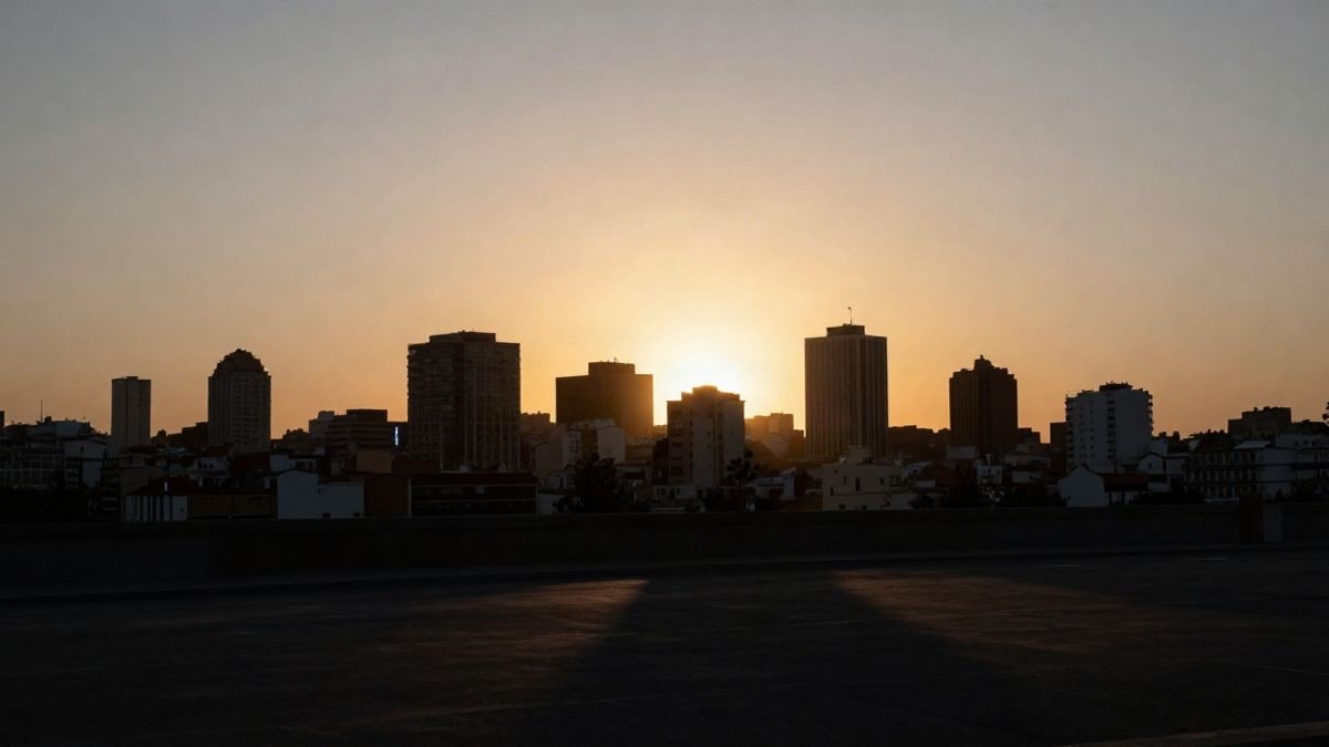 Illustrative image: silhouettes of an urban skyline at sunset, with long shadows and dramatic light.