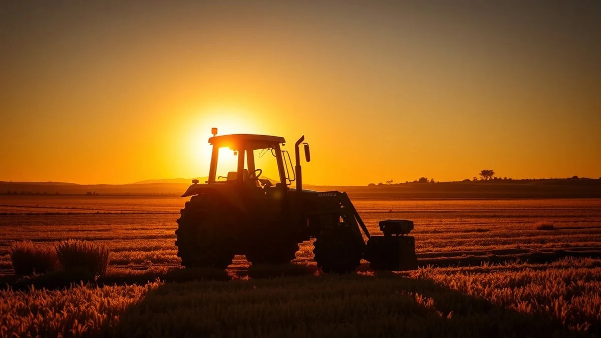 Tractor en un campo de trigo al atardecer con silueta y sombras largas