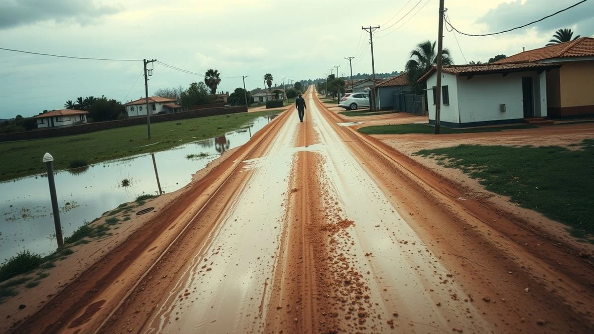 Calle anegada en Reta tras el temporal, con agua acumulada y casas al fondo