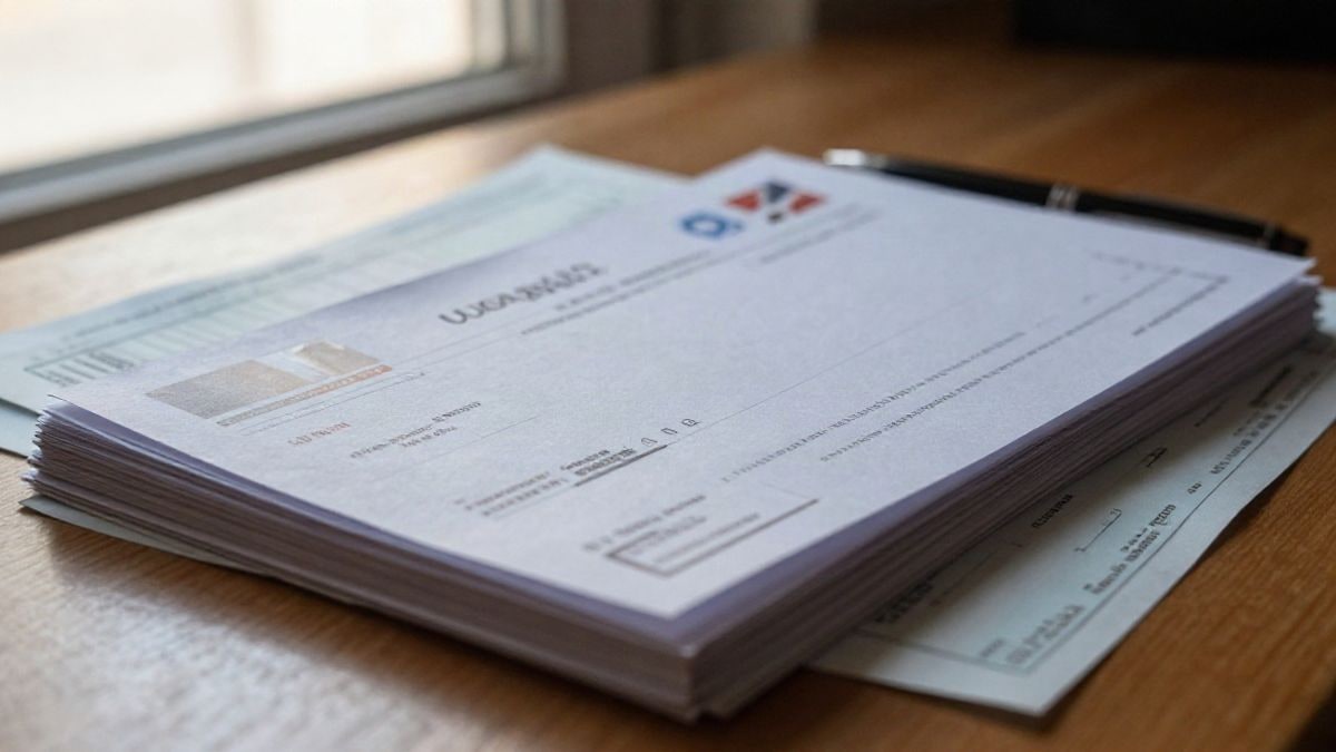 Illustrative image: municipal payment letters and a bill on a wooden table with a pen