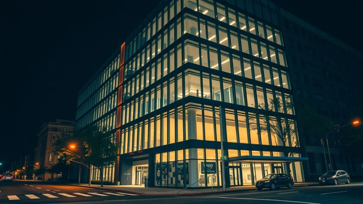 Imagen ilustrativa: edificio de oficinas tecnológicas en San Francisco de noche, con luz artificial de farolas y neón reflejándose en el pavimento mojado.