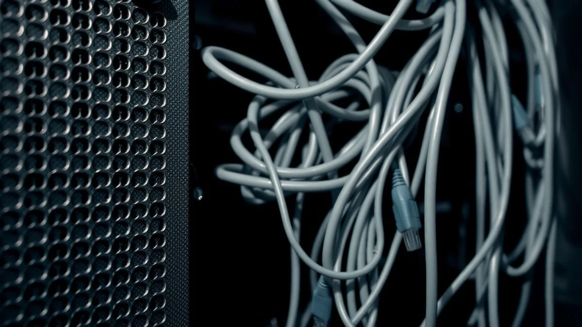 Primer plano de un rack de servidores metálico con cables de red, iluminación dramática lateral