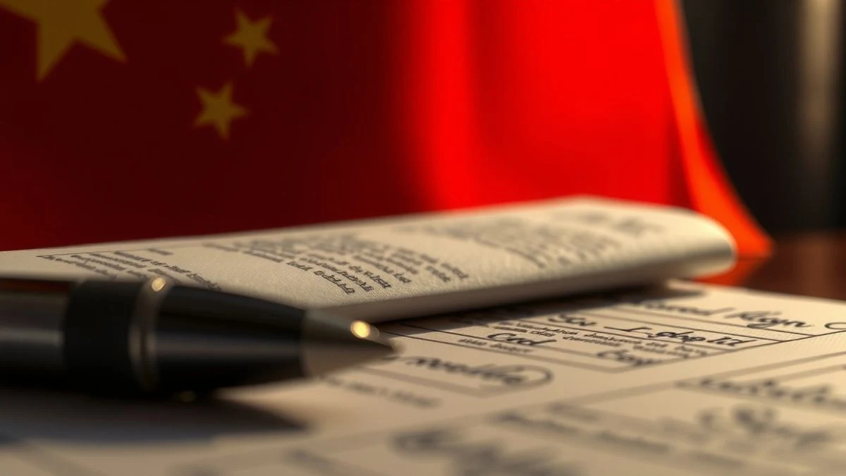 Imagen ilustrativa: primer plano de un documento firmado con banderas de China y España al fondo desenfocadas