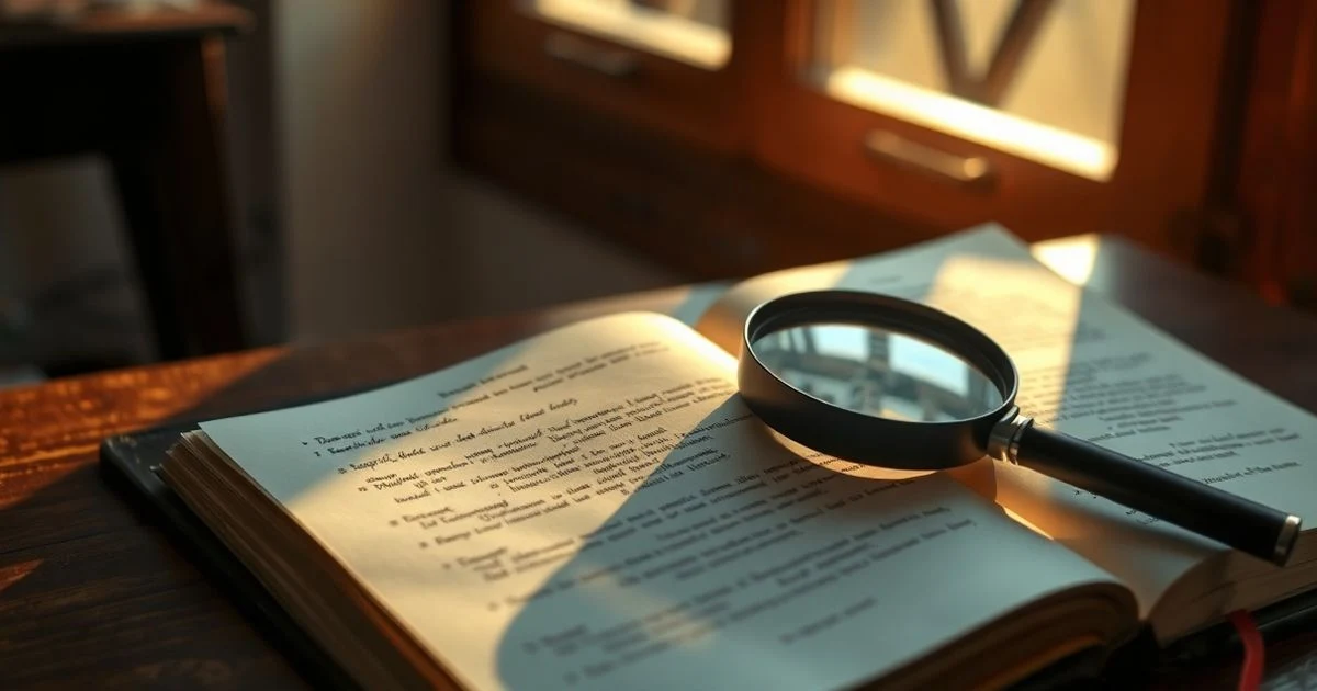 Libro abierto con una lupa sobre una página llena de correcciones manuscritas, iluminado por luz natural de ventana