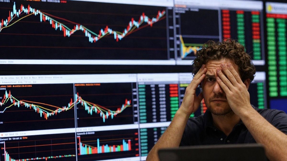 Illustrative image: financial market chart with indicators of uncertainty and fluctuations in the stock market