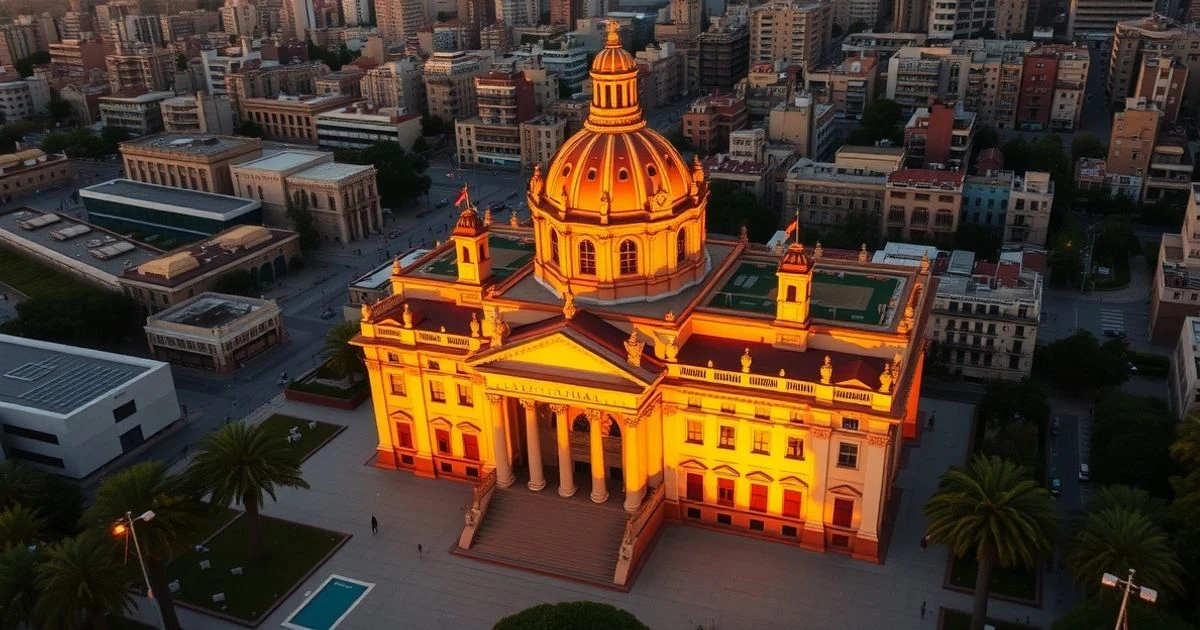 Fachada del Parlamento de Cataluña al atardecer, con luz dorada y profundidad de campo reducida.