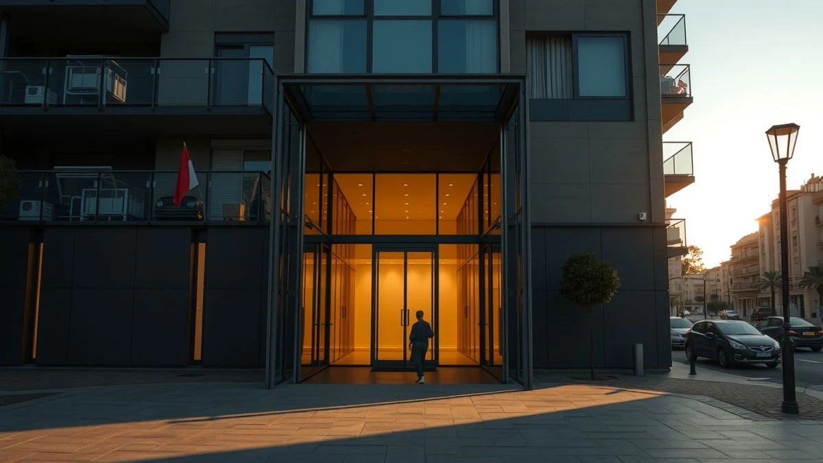 Entrada de un edificio de apartamentos moderno en una ciudad española al atardecer, con una figura pequeña de espaldas caminando hacia la puerta