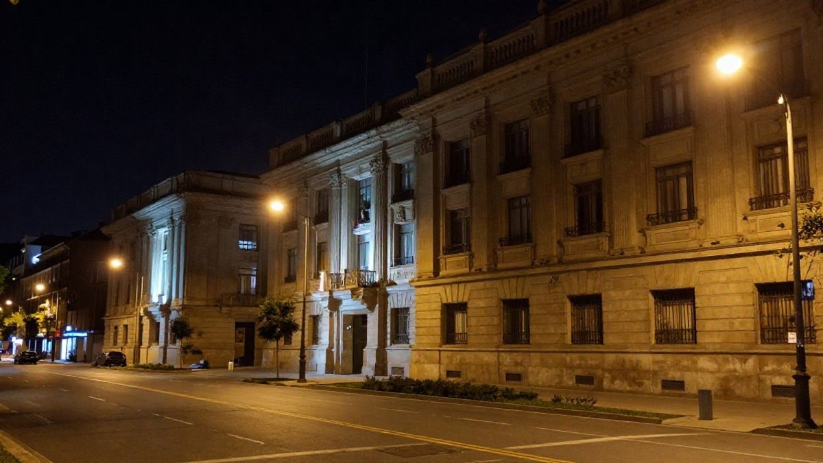 Illustrative image: night scene of a university campus illuminated, with street and neon lights, representing academic life in Europe.