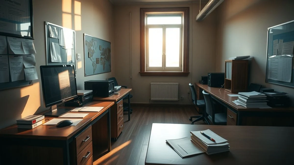 Imagen ilustrativa: un despacho universitario vacío con luz de ventana lateral, papeles y un ordenador sobre la mesa.