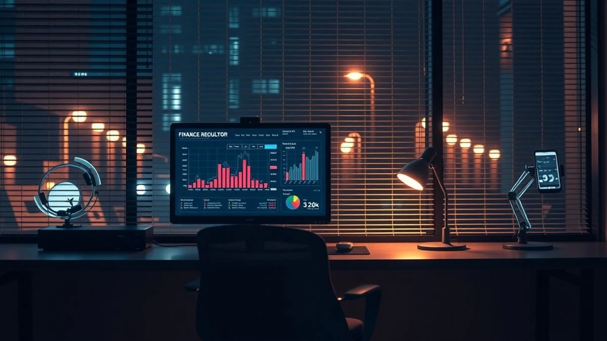 Imagen ilustrativa: un despacho regulatorio nocturno con una pantalla de ordenador que muestra gráficos y una interfaz de inteligencia artificial