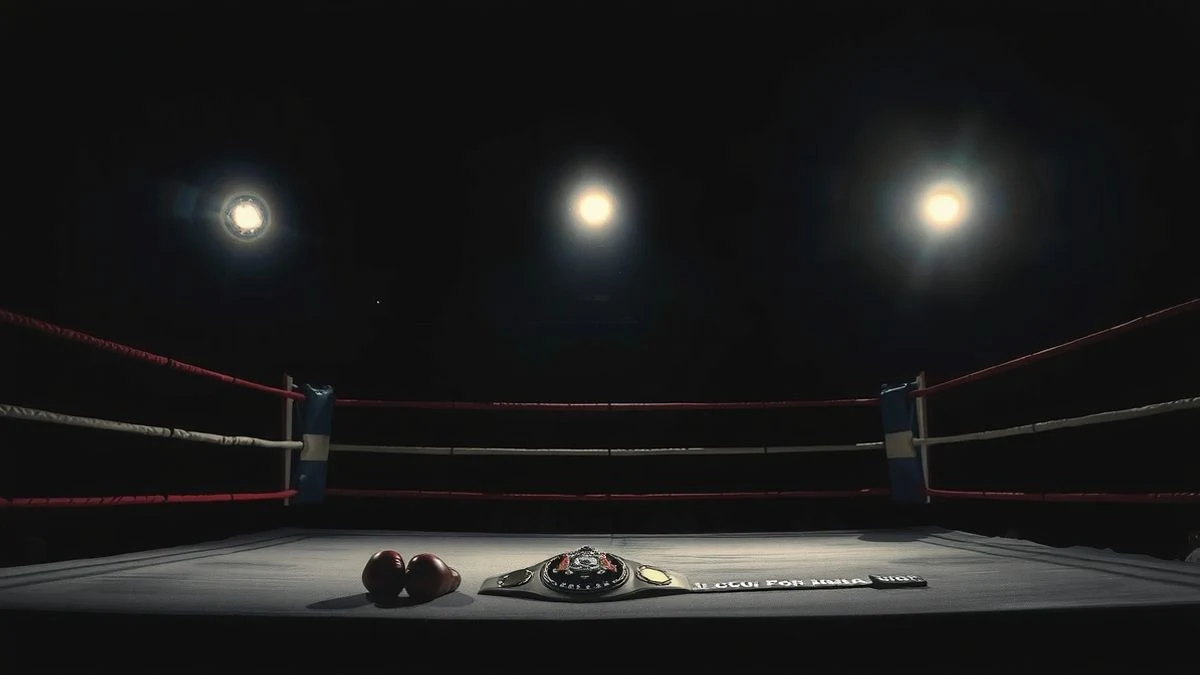 Ring de boxeo vacío iluminado por focos nocturnos con guantes y cinturón de campeón en la lona