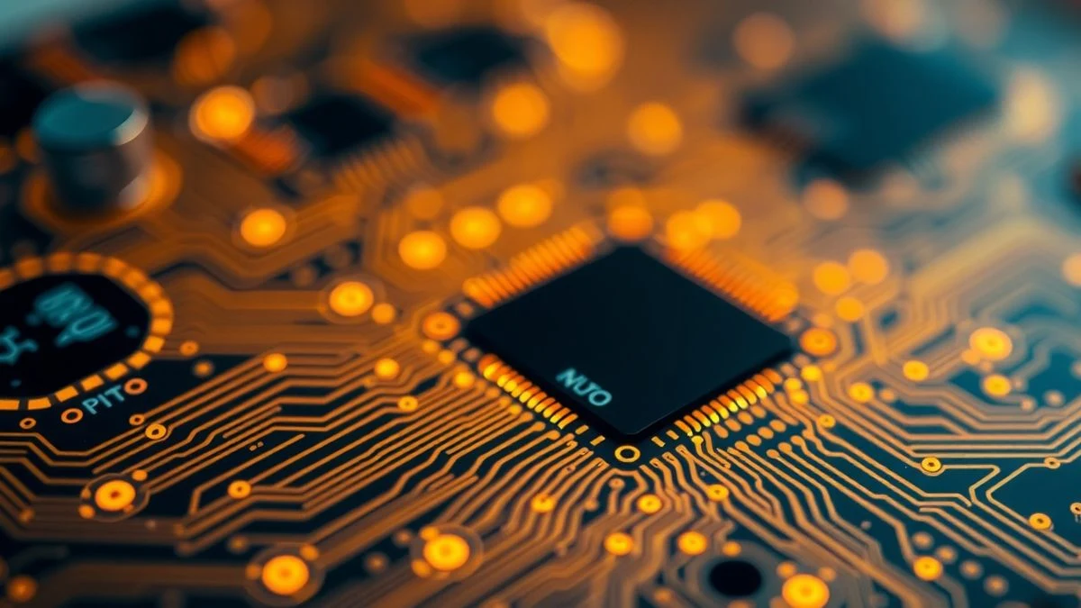 Primer plano de un chip de IA con circuitos brillantes y patrones intrincados