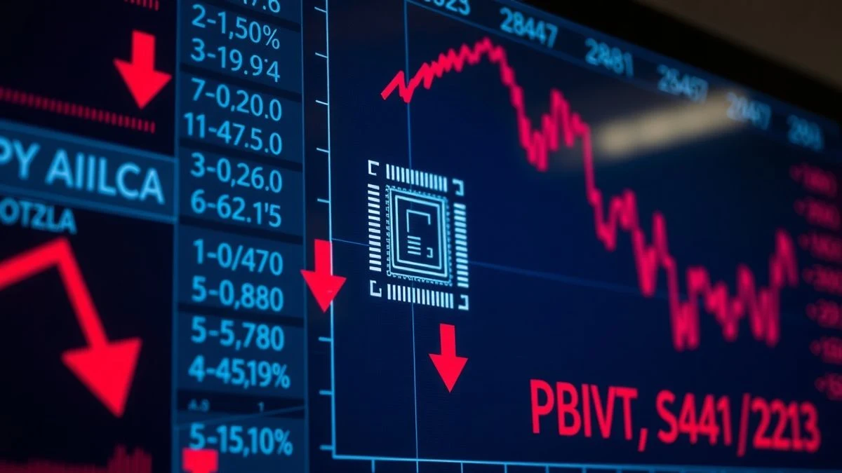 Panel de cotización bursátil con un chip semiconductor y flechas rojas hacia abajo
