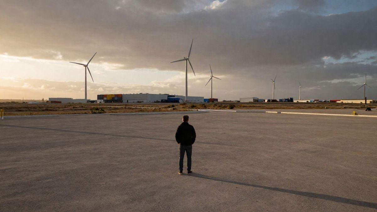 Imagen ilustrativa: una persona observa un paisaje industrial con aerogeneradores y naves logísticas al atardecer