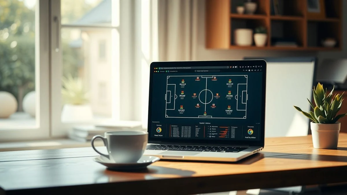 Imagen ilustrativa: un escritorio de madera con un portátil que muestra un diagrama de fútbol con datos, una taza de café y una planta, iluminado por luz natural de ventana.