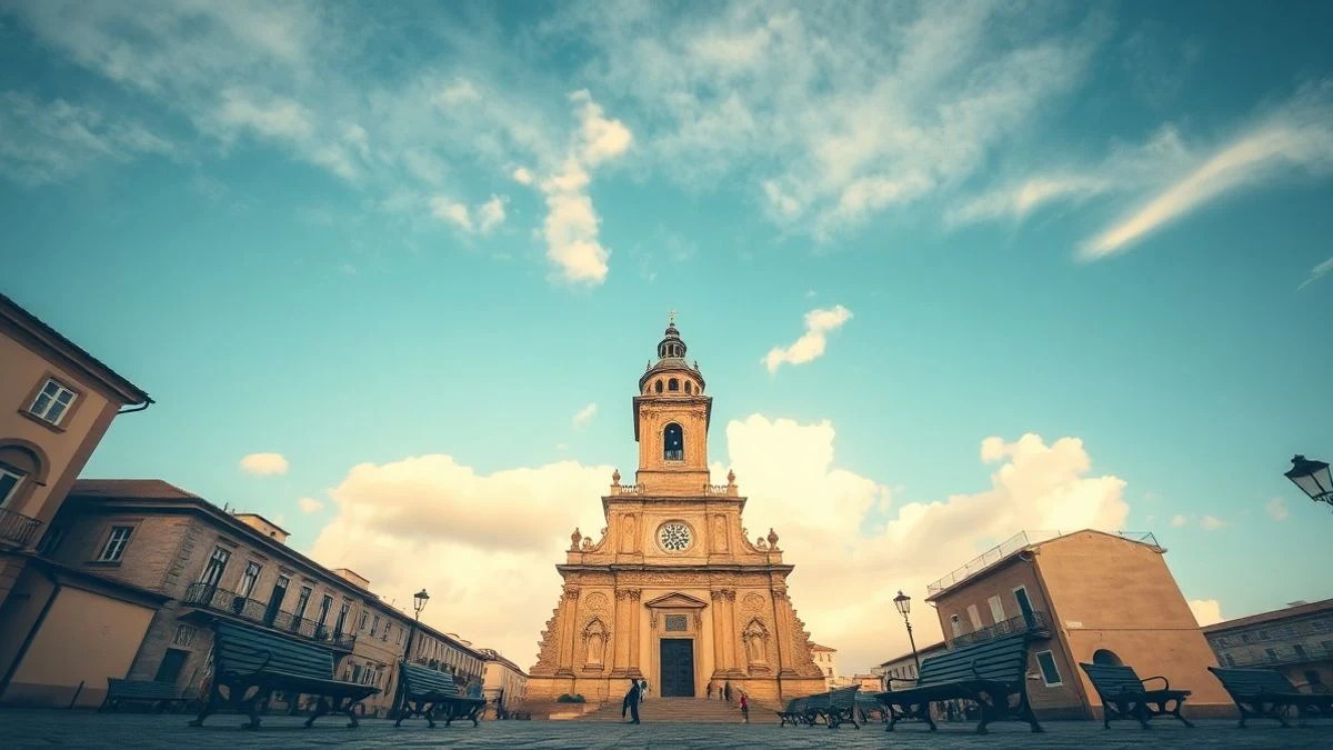 Plaza San Martín de Tres Arroyos con iglesia al fondo, bancos vacíos y cielo nublado