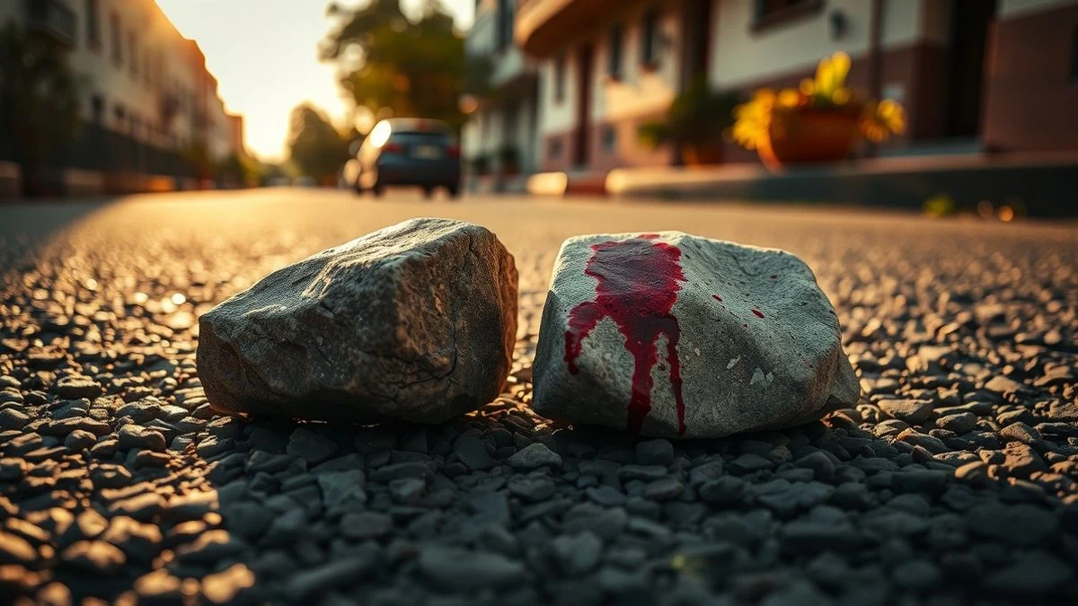 Imagen ilustrativa: dos piedras de río sobre asfalto, una con manchas de sangre, iluminadas por el sol del atardecer