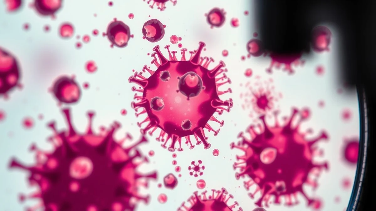 Imagen ilustrativa: primer plano de una muestra de laboratorio con células cancerosas y células inmunitarias en un microscopio