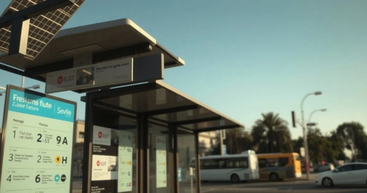 Marquesina de autobús moderna con panel digital y placas solares en Sevilla