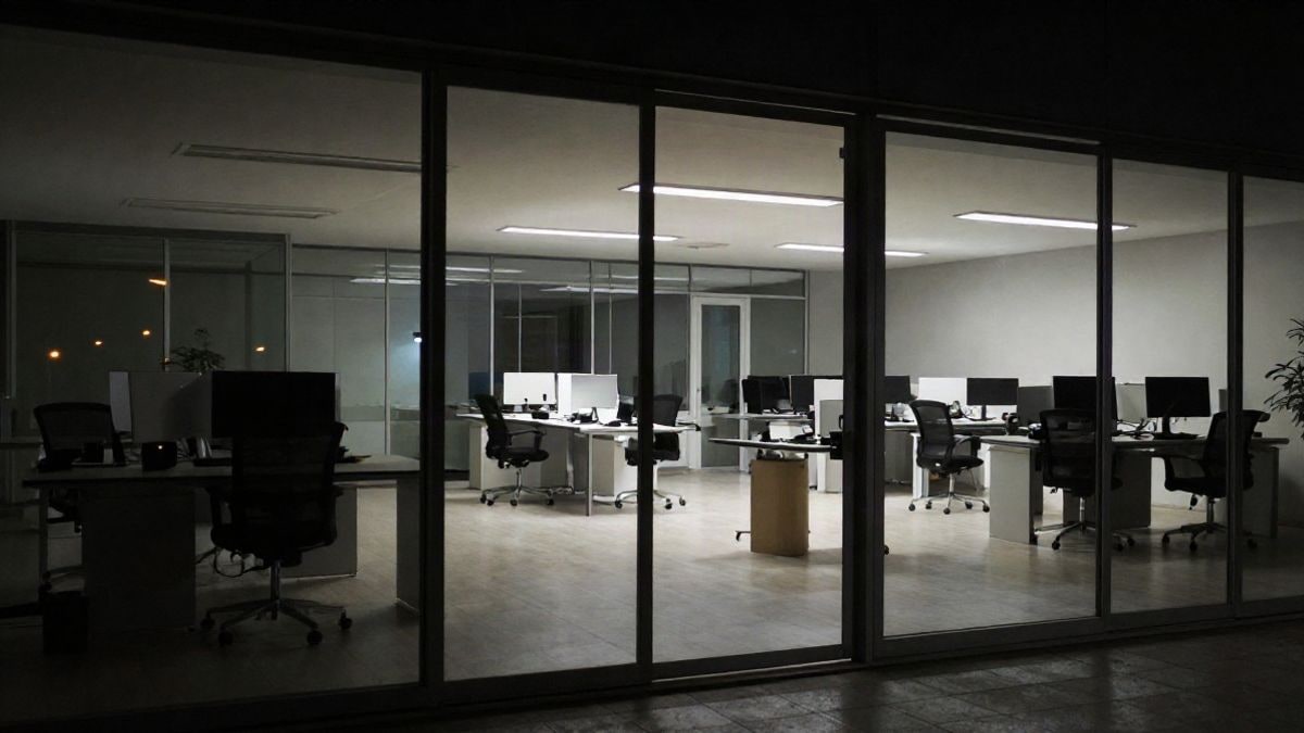 Imagen ilustrativa: oficina corporativa vacía iluminada con luz artificial, sugiriendo un ambiente de investigación y misterio.