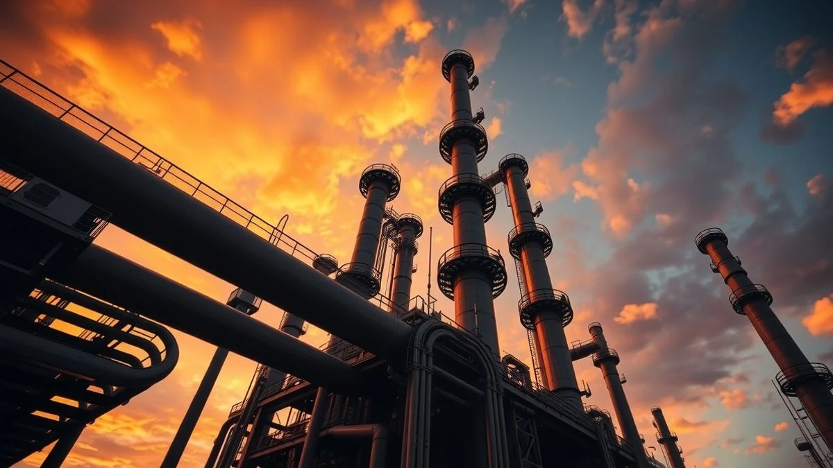 Vista a ras de suelo de una refinería de petróleo al atardecer, con torres de destilación y tuberías recortadas contra el cielo anaranjado