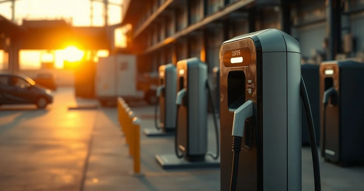 Estación de carga para vehículos eléctricos con un cargador Wallbox en primer plano en un entorno industrial español