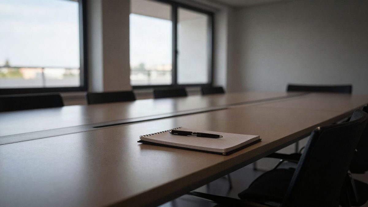 Imagen ilustrativa: sala de reuniones vacía con una mesa larga y ventanales, iluminada por luz natural.