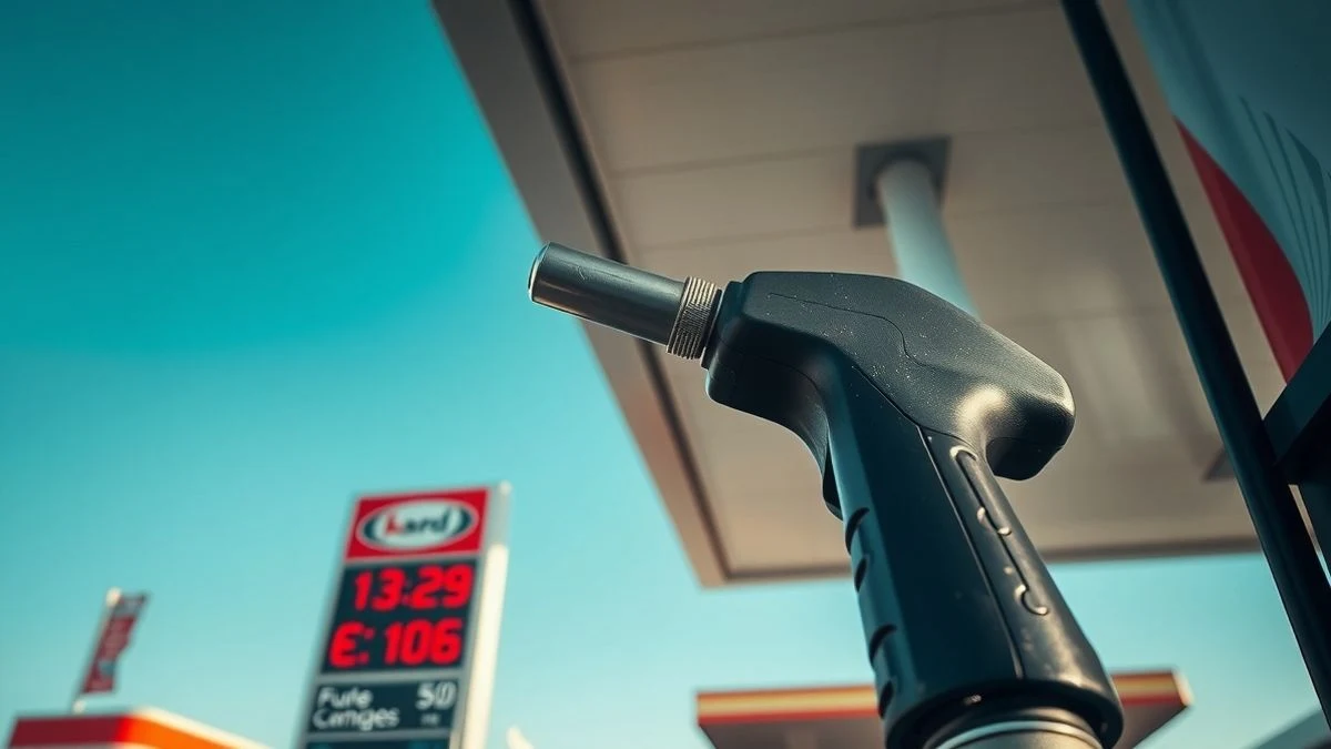 Surtidor de gasolina con el precio 1.329 euros por litro visible, bajo un cielo azul y una marquesina de gasolinera