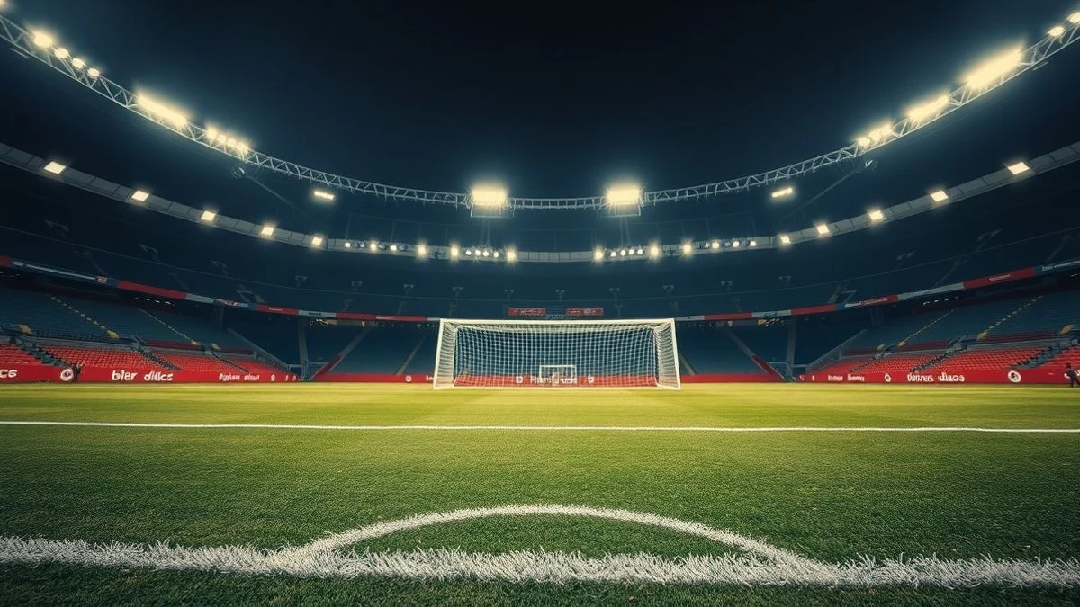 Campo de fútbol vacío con un balón en el área de penalti al atardecer