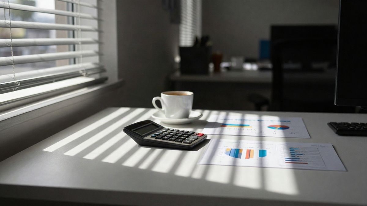Illustrative image: office desk with calculator and printed graphs next to a window