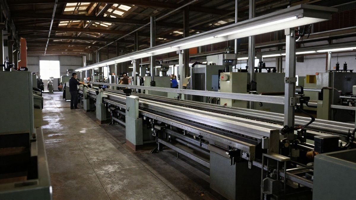 Illustrative image: view of a factory with assembly lines and machinery in an industrial setting, without people or logos.