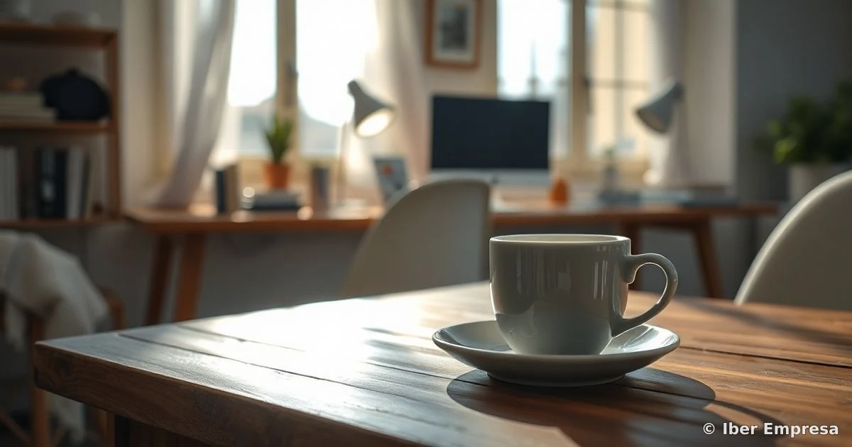 Mano sosteniendo un móvil con la web de la Agencia Tributaria junto a una taza de café en una mesa de madera