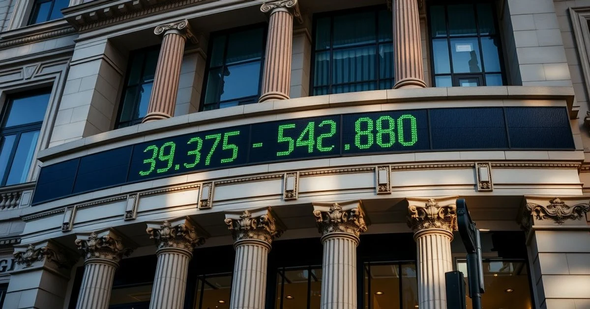 Fachada de la Bolsa de Madrid con pantalla mostrando números verdes