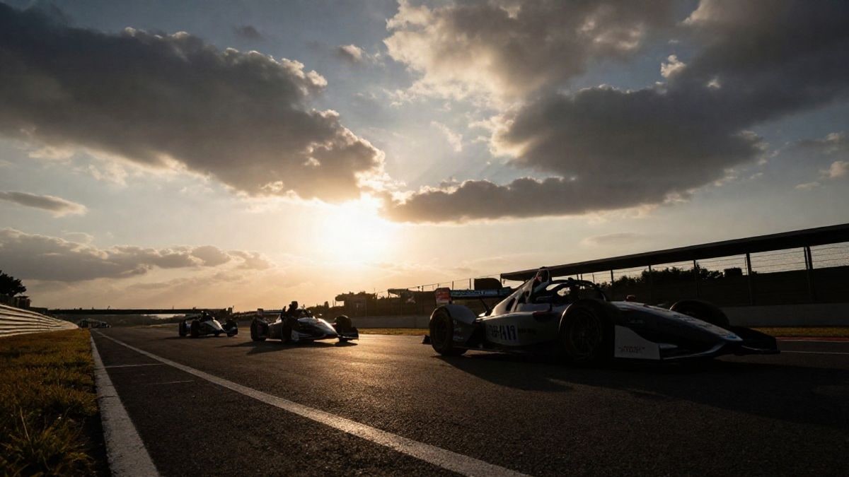 Illustrative image: a racetrack at sunset, with silhouettes and long shadows, capturing the essence of motorsport