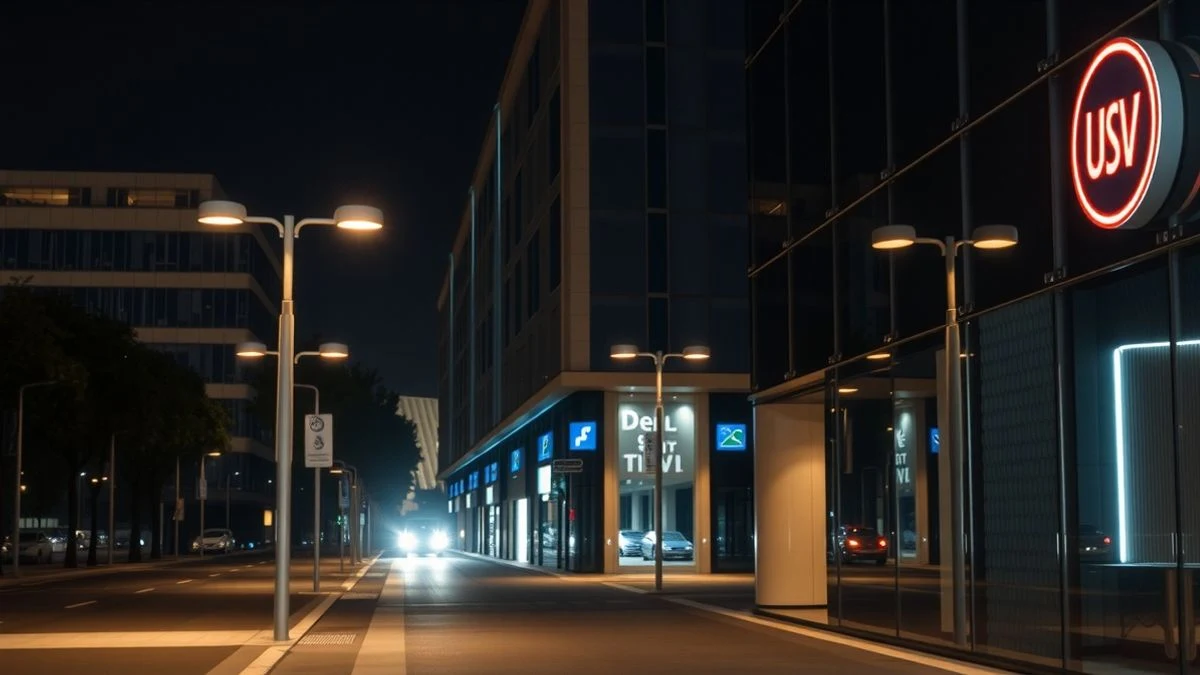Imagen ilustrativa: fachada de un edificio de oficinas iluminado por la noche en un distrito de negocios