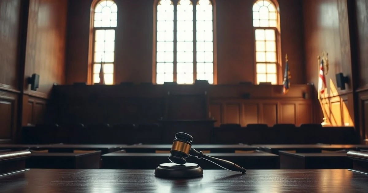 Sala de tribunal vacía con estrado judicial y mazo, luz natural dramática