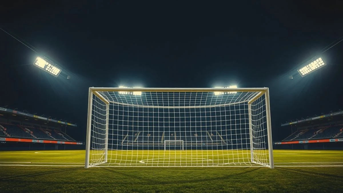 Estadio de fútbol iluminado con focos nocturnos, portería vacía en primer plano