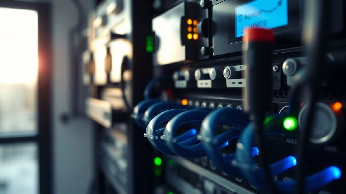 Primer plano de un rack de servidores con cables de datos y luces LED parpadeantes