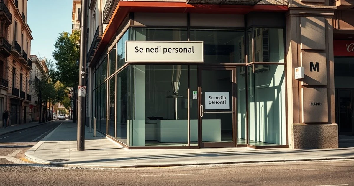 Fachada de un edificio de oficinas en Madrid con un cartel de oferta de empleo en la puerta
