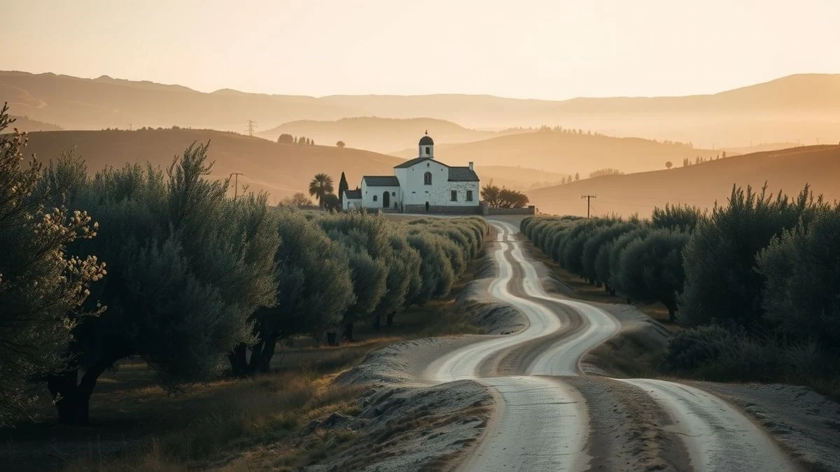 Imagen ilustrativa: paisaje rural del Bajo Guadalquivir con olivos y un pueblo blanco al fondo durante el atardecer
